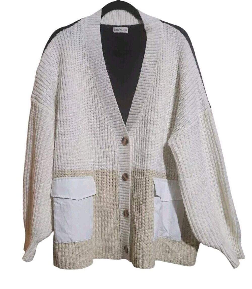 Davi & Dani Cardigan Cream Tan Black White Colorblock Oversized Pockets XL Basic